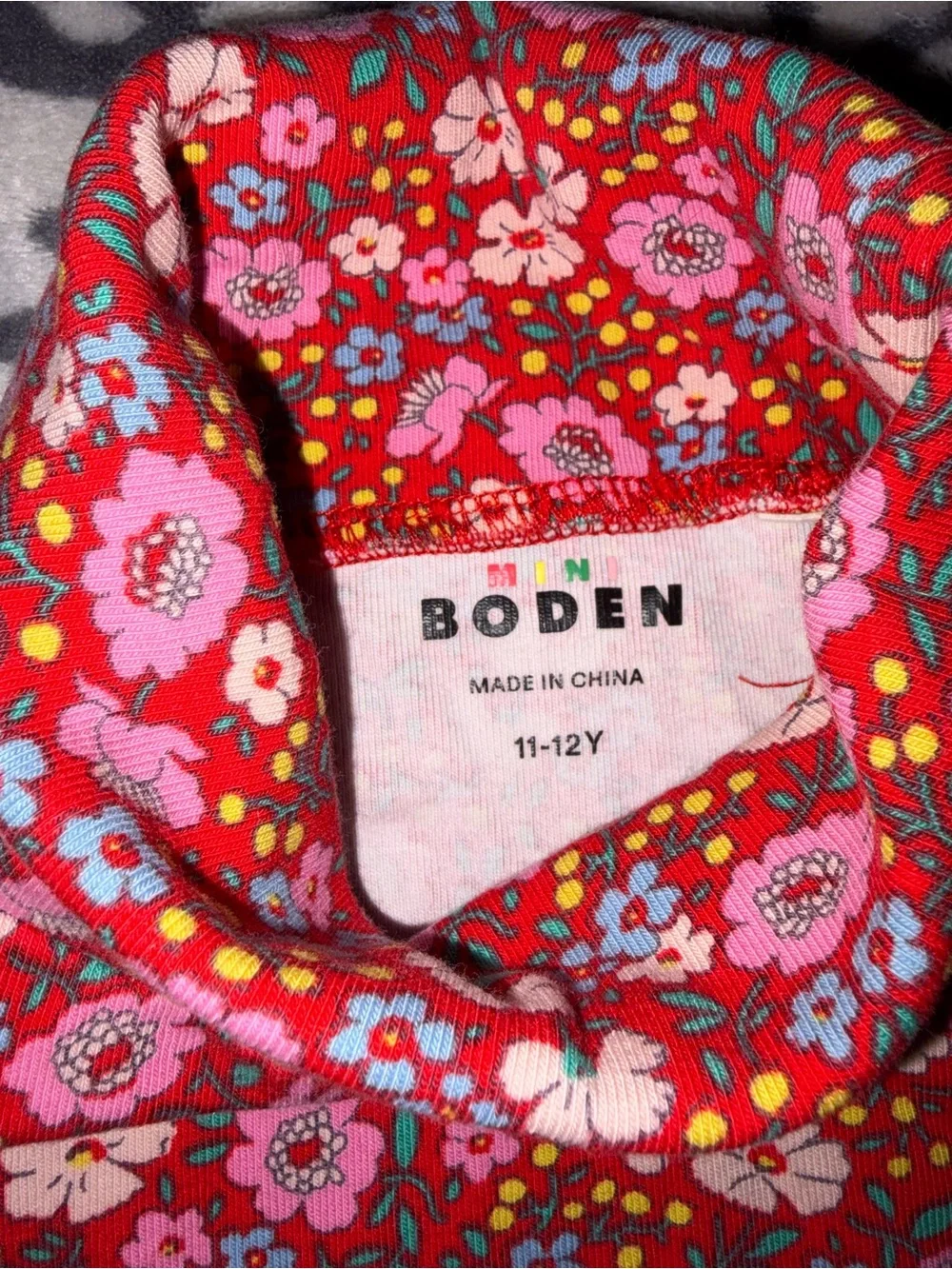 Mini Boden Red Floral Turtleneck Top with Pink & Cream Flowers